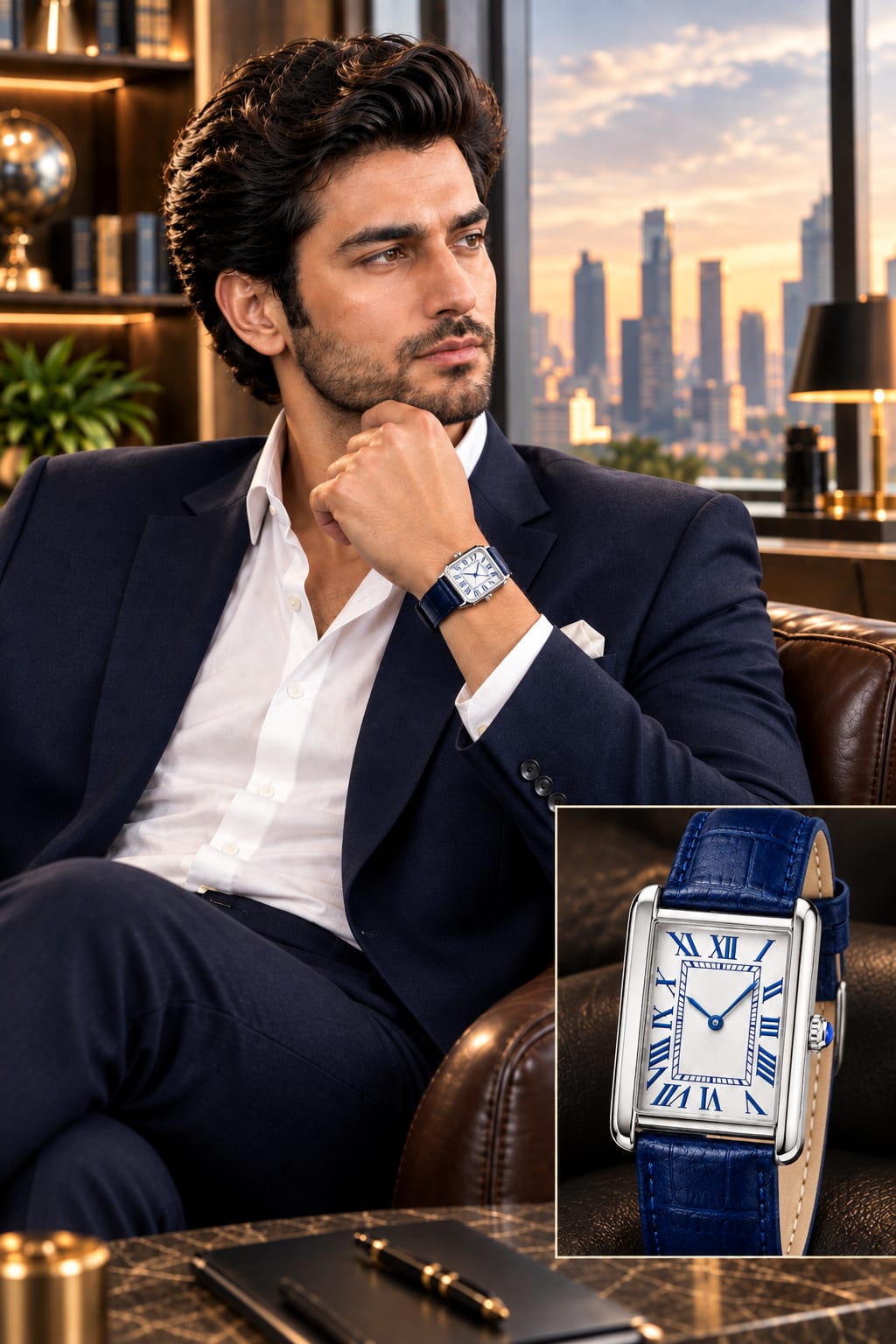 Vintage Classic Rectangular Dress Watch with Royal Blue Croc-Embossed Leather Strap