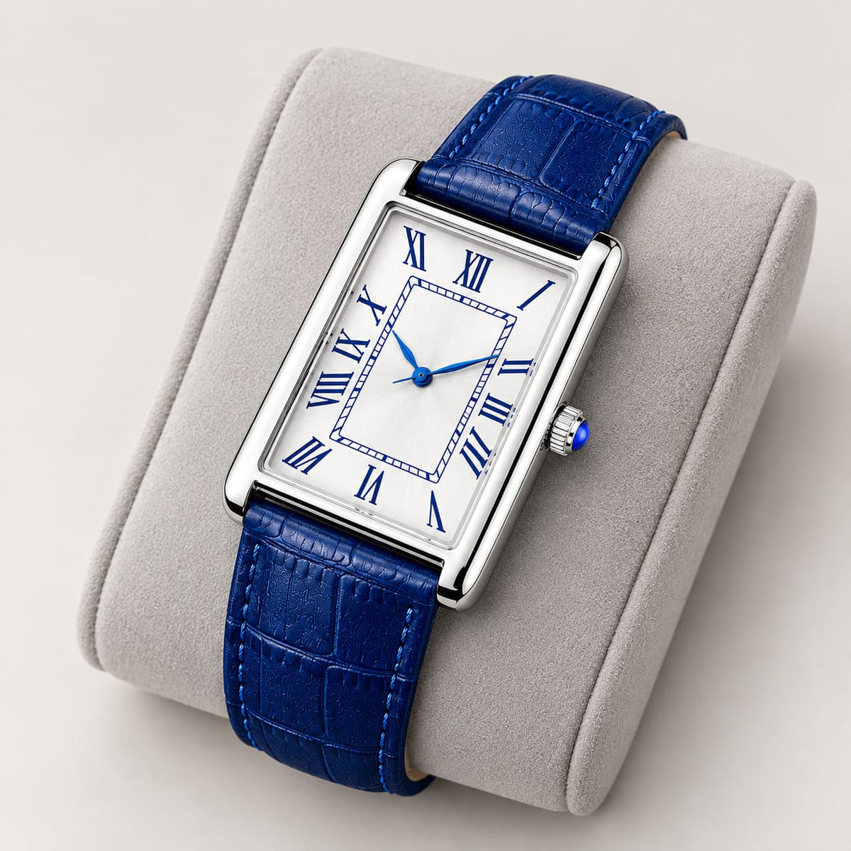 Vintage Classic Rectangular Dress Watch with Royal Blue Croc-Embossed Leather Strap
