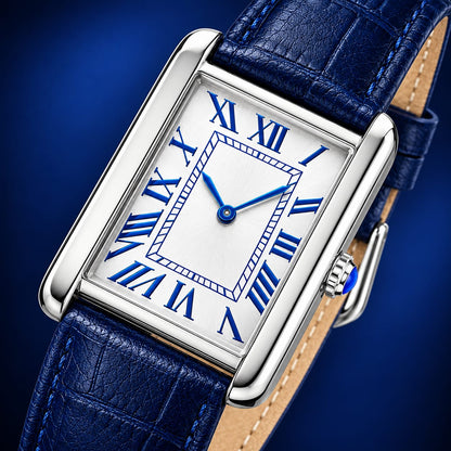 Vintage Classic Rectangular Dress Watch with Royal Blue Croc-Embossed Leather Strap