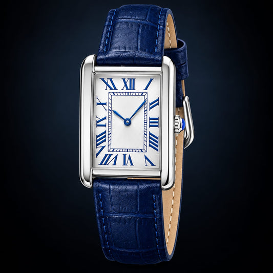 Vintage Classic Rectangular Dress Watch with Royal Blue Croc-Embossed Leather Strap